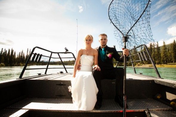 Bride and Groom with Fishing Pole and Net