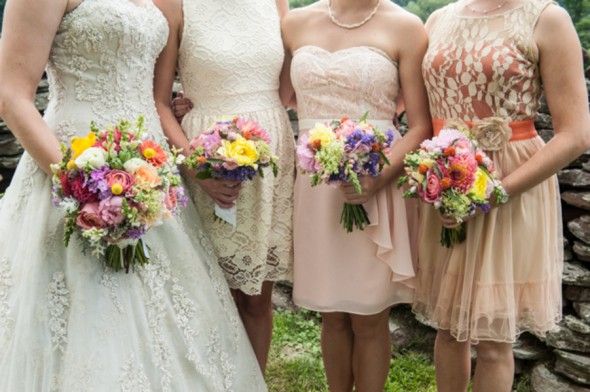 Lace Wedding Dress and Pink Blush Bridesmaid Dresses