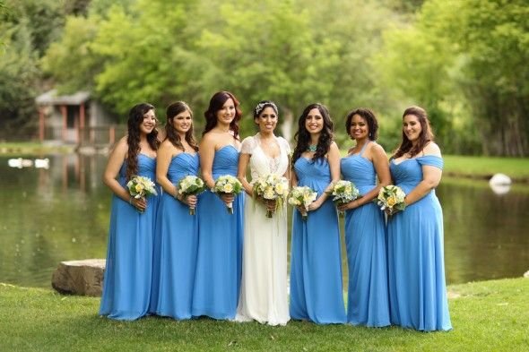 Bride and bridesmaids in Long Blue Gowns