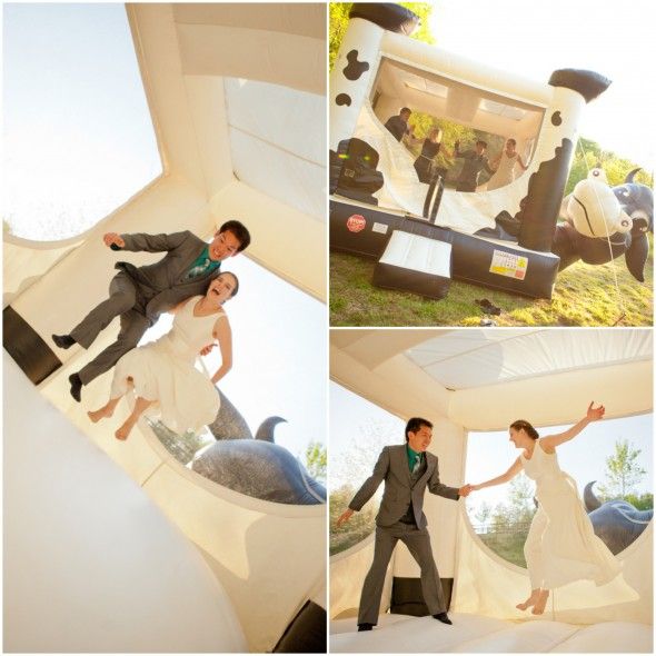 Bride + Groom Enjoy Bouncy House at the Wedding Reception