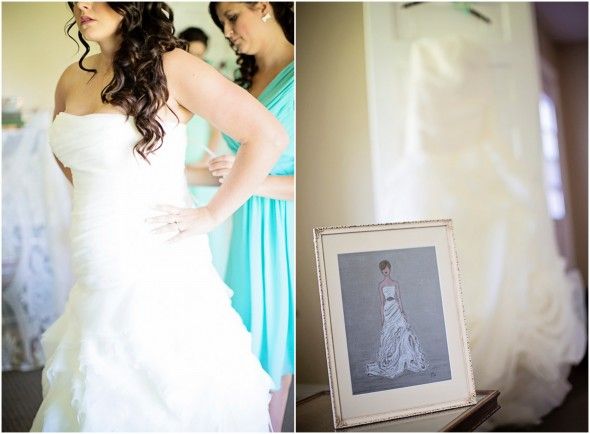 Bride in Gown with Sketch of Dress