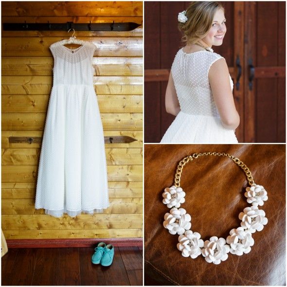 Dotted Swiss Wedding Dress with Turquoise Fringed Moccasins