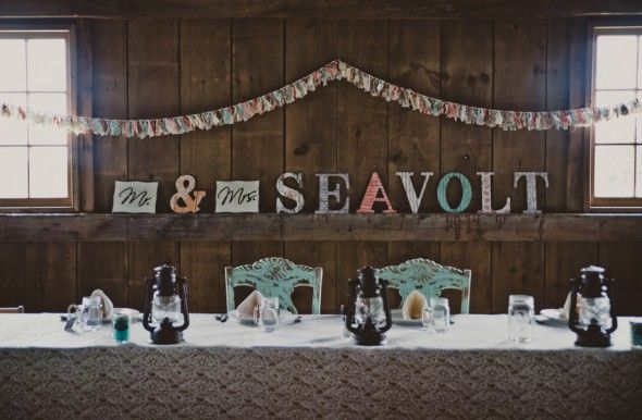Mismatched Letters Spell out Mr. and Mrs. to Decorate a Rustic Wedding Reception 