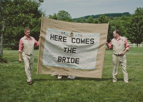 Here Come the Bride Burlap Sign Leads the Ceremony