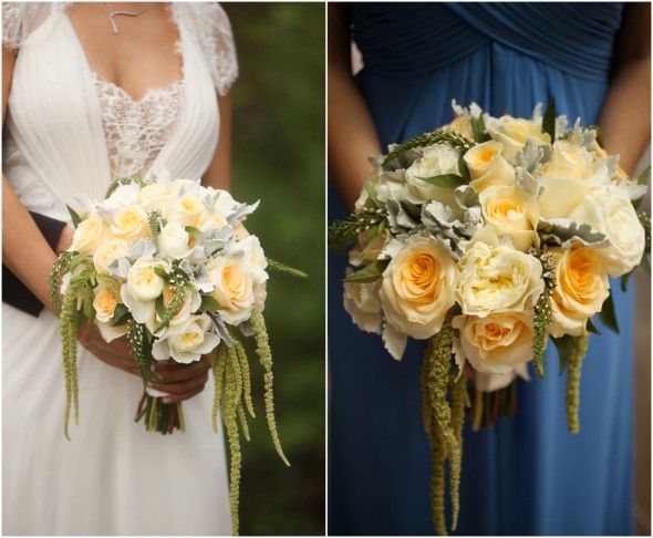 Bride and Maid of Honor Pale Roses and Greens Bouquets