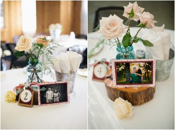 Country Wedding Centerpieces with Wood Slabs and Photos