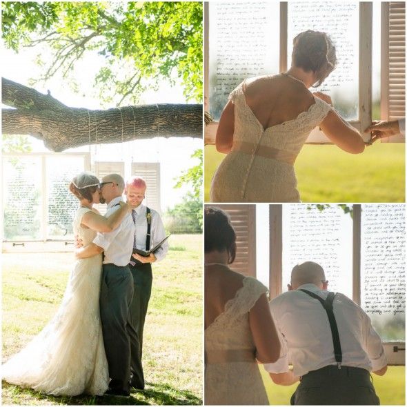 Signing Wedding Vows Written on Windows in an Outdoor Ceremony