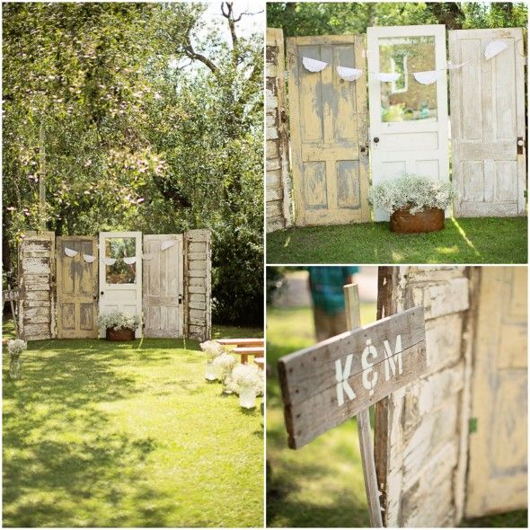 Wooden Doors Become the Backdrop for A Rustic Wedding Ceremony