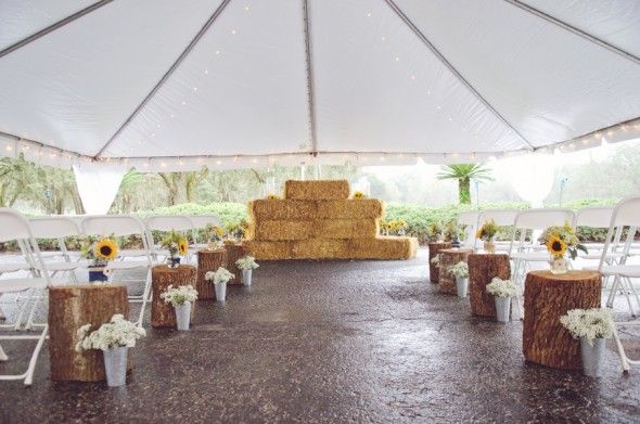 Outdoor Country Wedding Ceremony with Hay Bales and Sunflowers