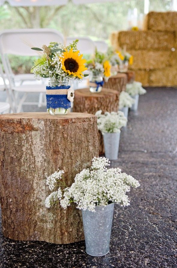 Outdoor Country Wedding Ceremony Decor of Sunflowers and Baby's Breath