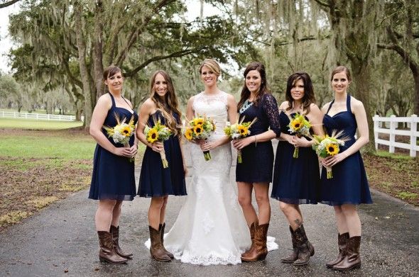 Bridesmaids in Short Navy Blue Dresses and Cowboy Boots