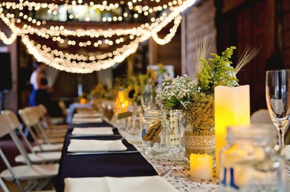 Barn Wedding Table Decor Lace and Lights