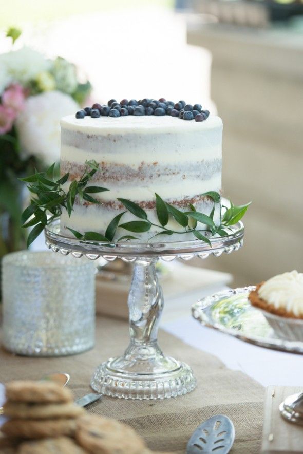 Naked Wedding Cake Topped with Blueberries
