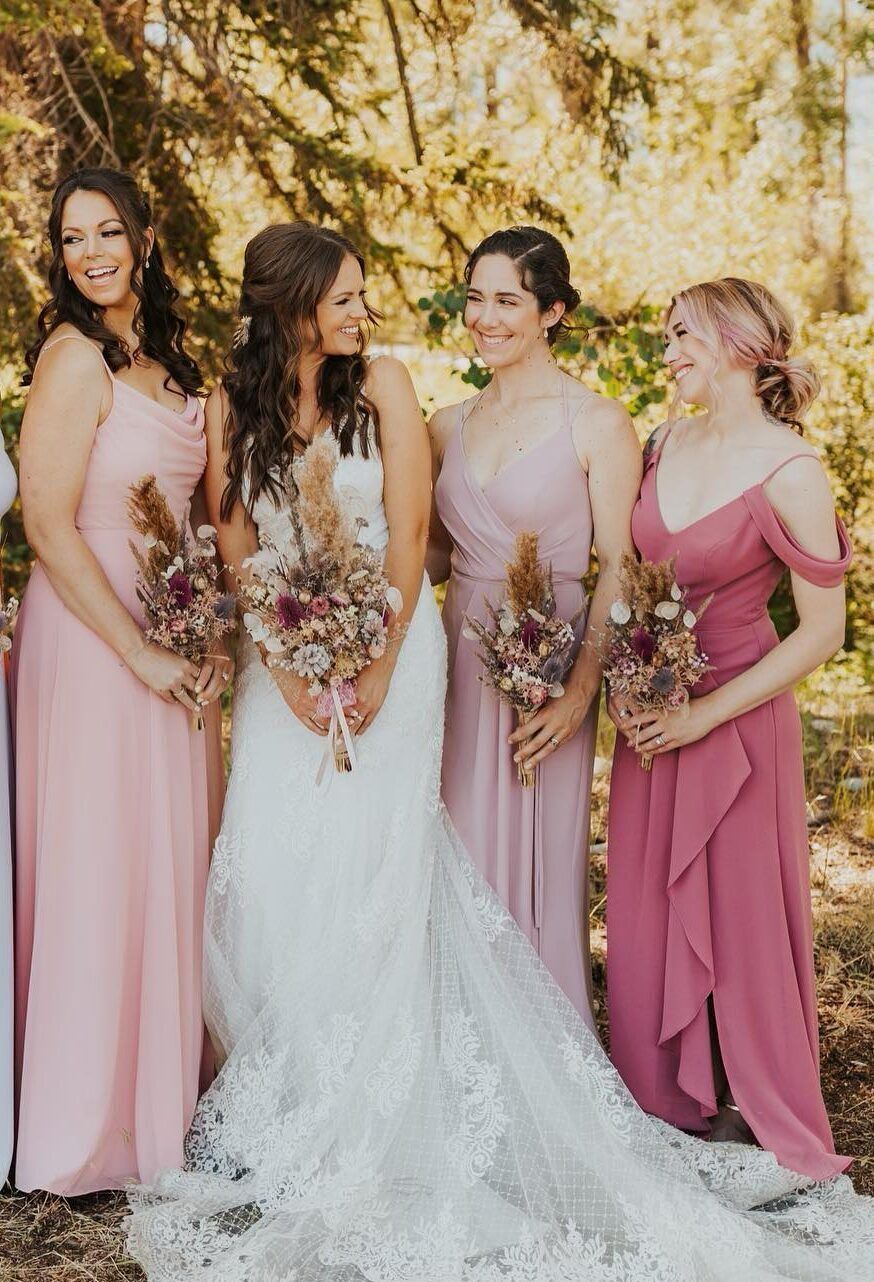 bridesmaids and bride in dresses