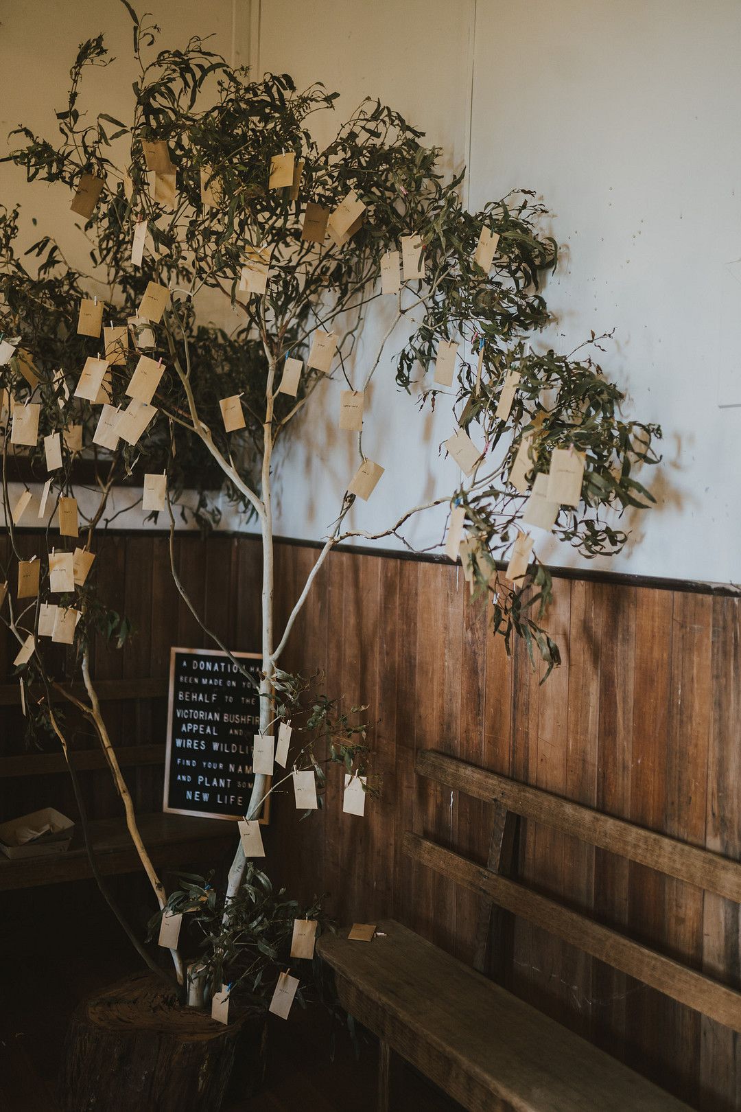Tree with rustic wedding party favors