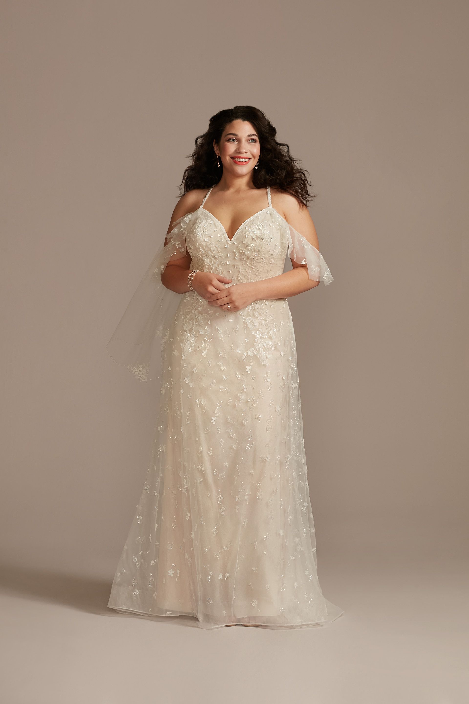 Flutter Sleeve Tulle Wedding Dress with 3D Florals