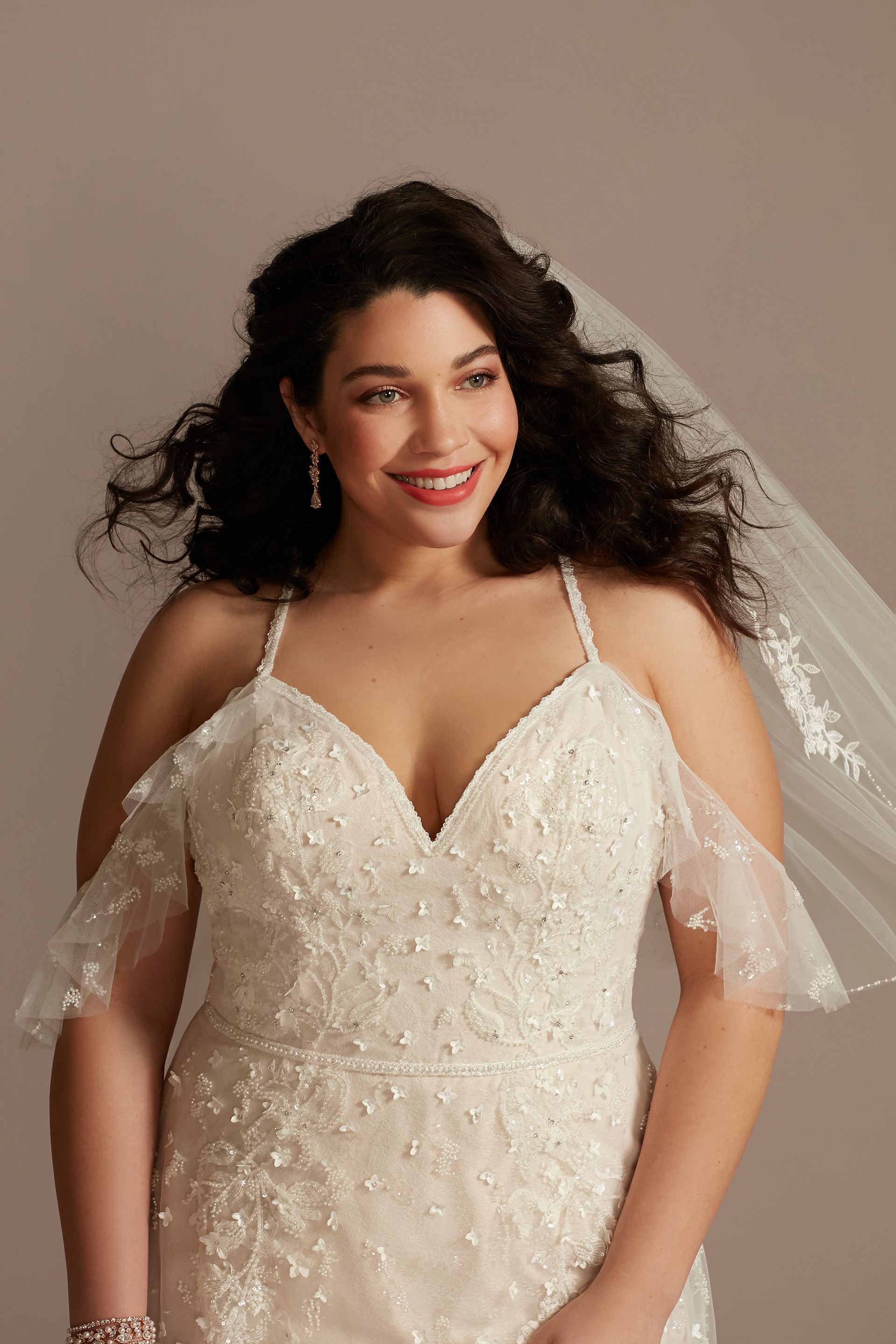 Flutter Sleeve Tulle Wedding Dress with 3D Florals