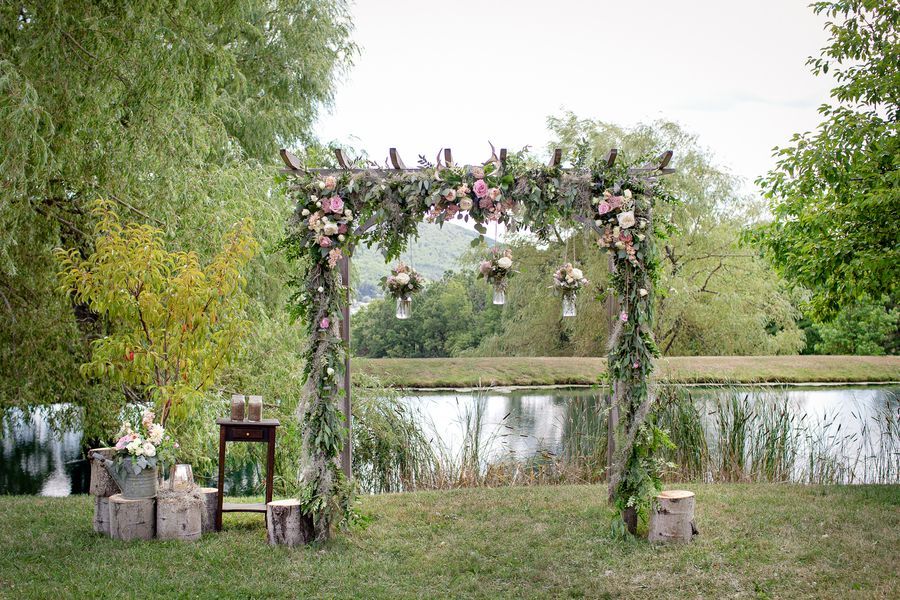 rustic wedding altar with flowers