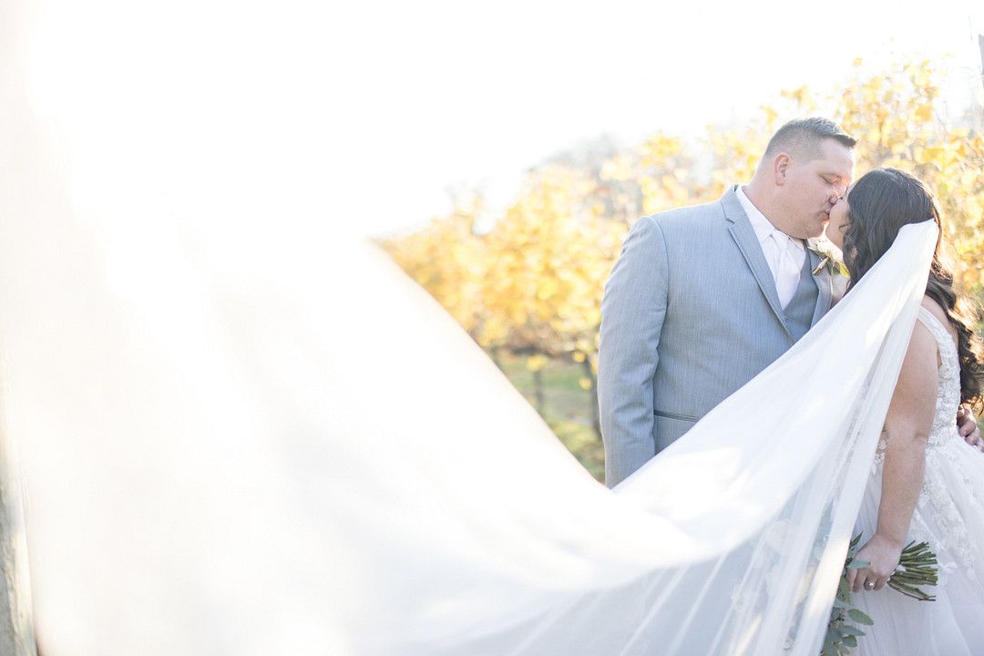 bride and groom kissing with veil blowing in the wind