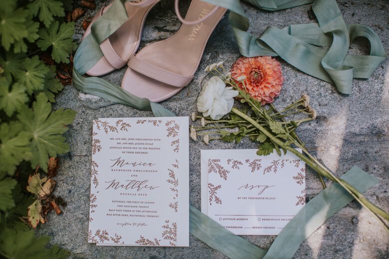 bride shoes and wedding invitations