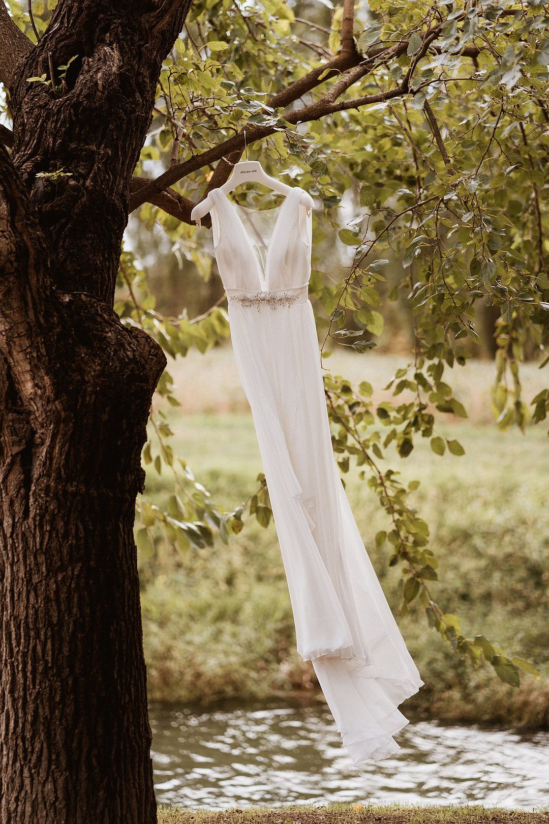 wedding dress hanging on tree outside