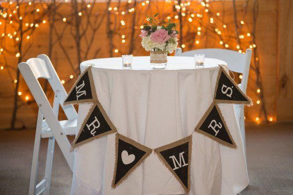 mr and mrs wedding banner on sweetheart table
