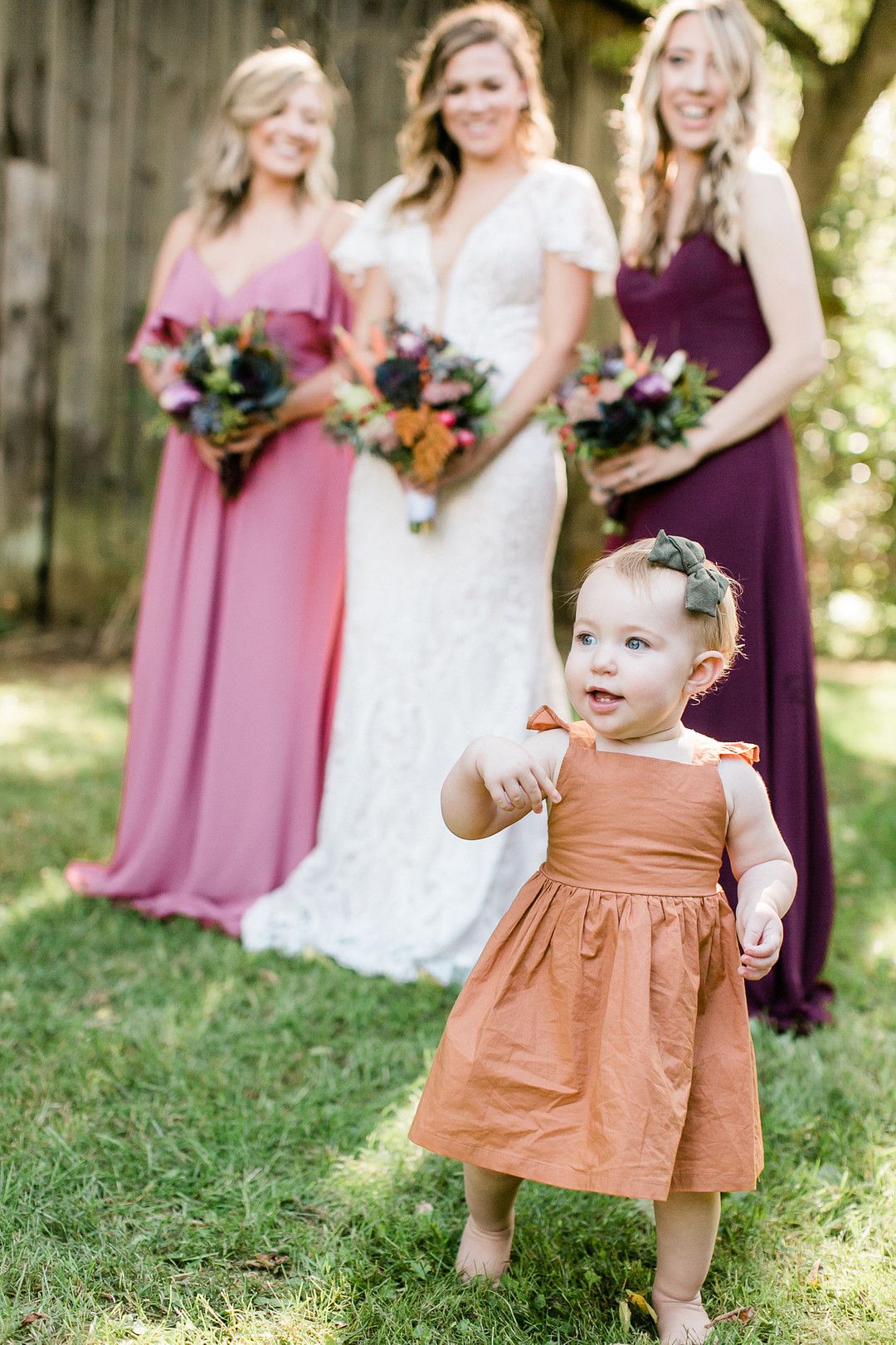 bride, bridesmaids, and flower girl