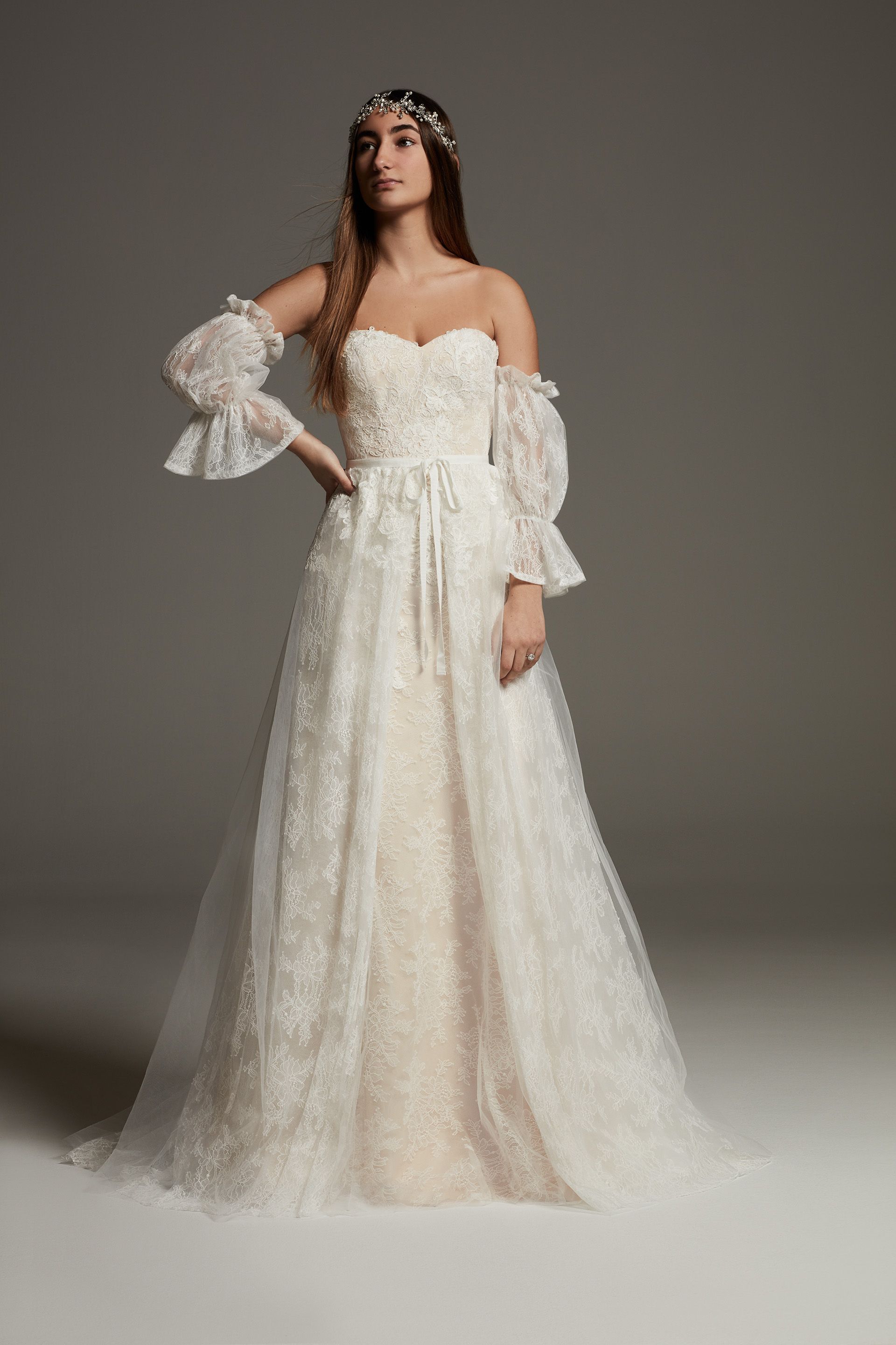 Lace Overskirt Wedding Dress with Removable Puff Sleeves
