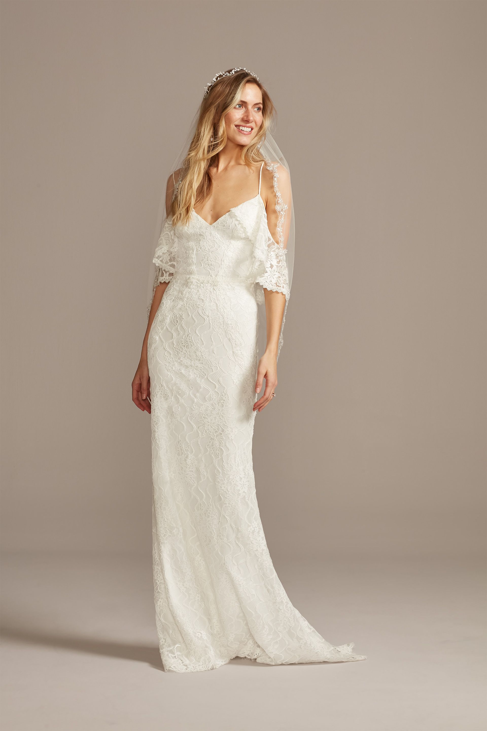 Cold Shoulder Wedding Dress with Ruffled Sleeves