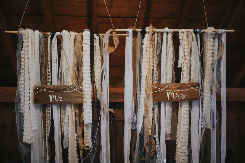 mr. and mrs. wedding signs hanging with layers of lace ribbons 