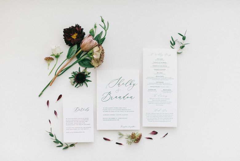 wedding invitation and flowers