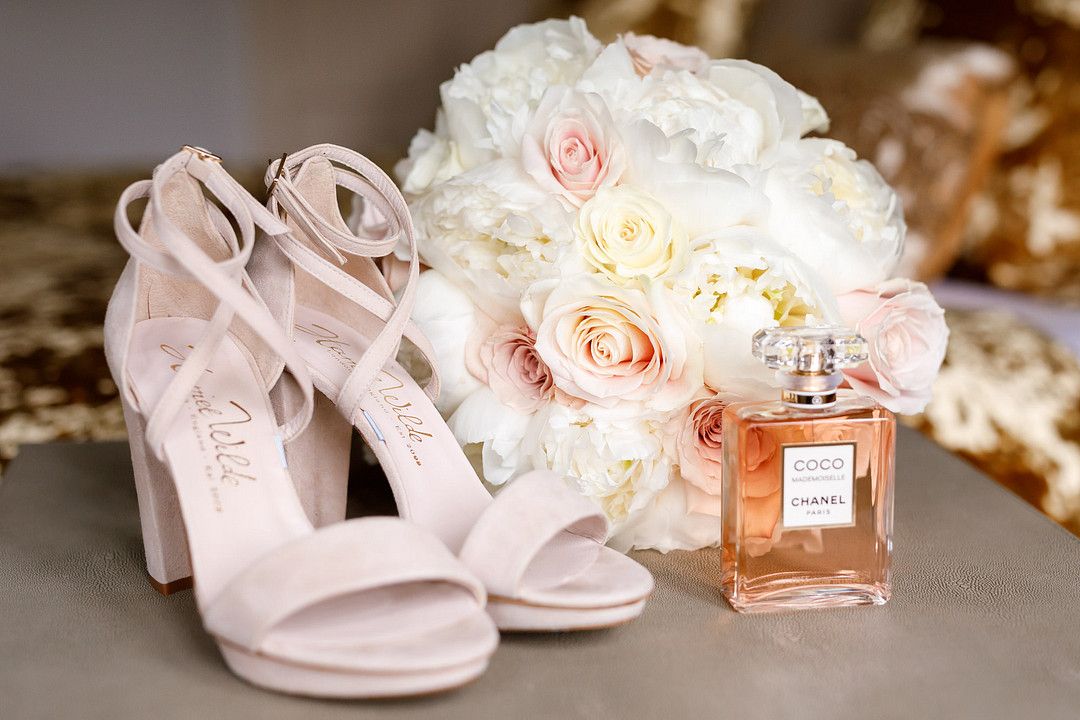 wedding heels and bridal bouquet