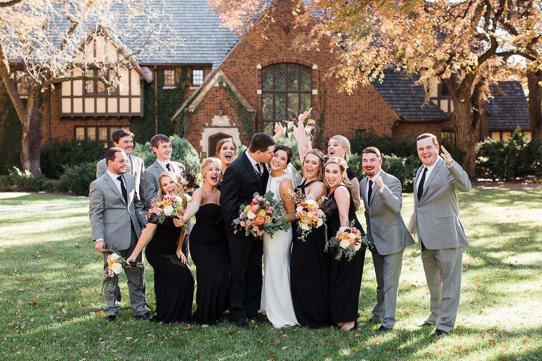 Wedding party photo dressed in black and white