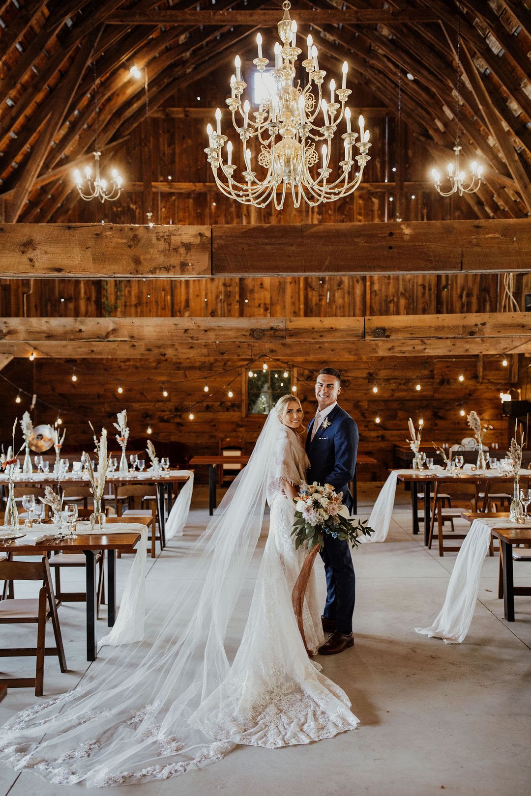 bride and groom barn reception