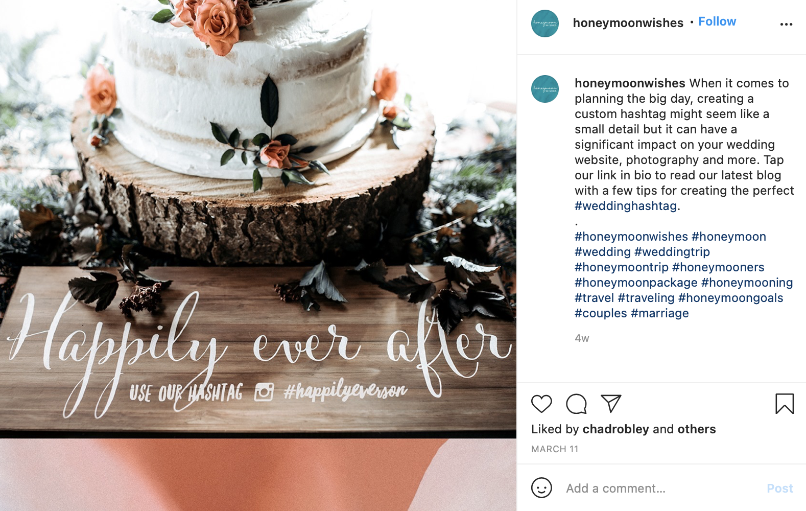 wedding cake with wedding hashtag