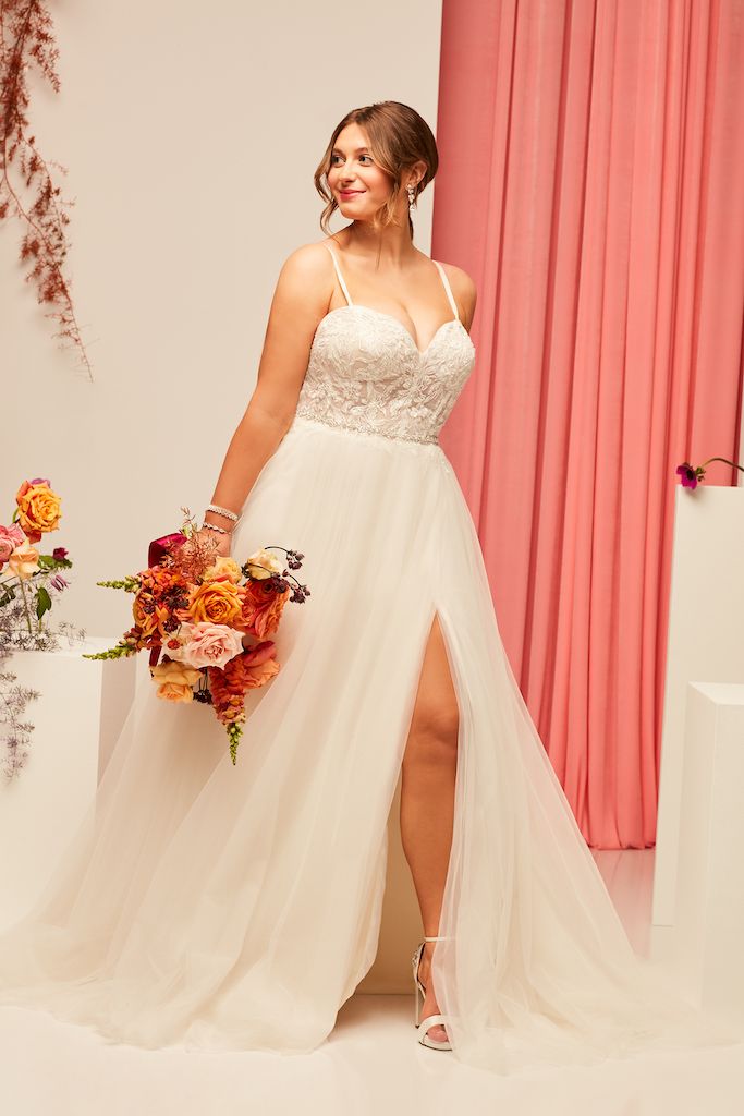 bride wearing ball gown with illusion bodice