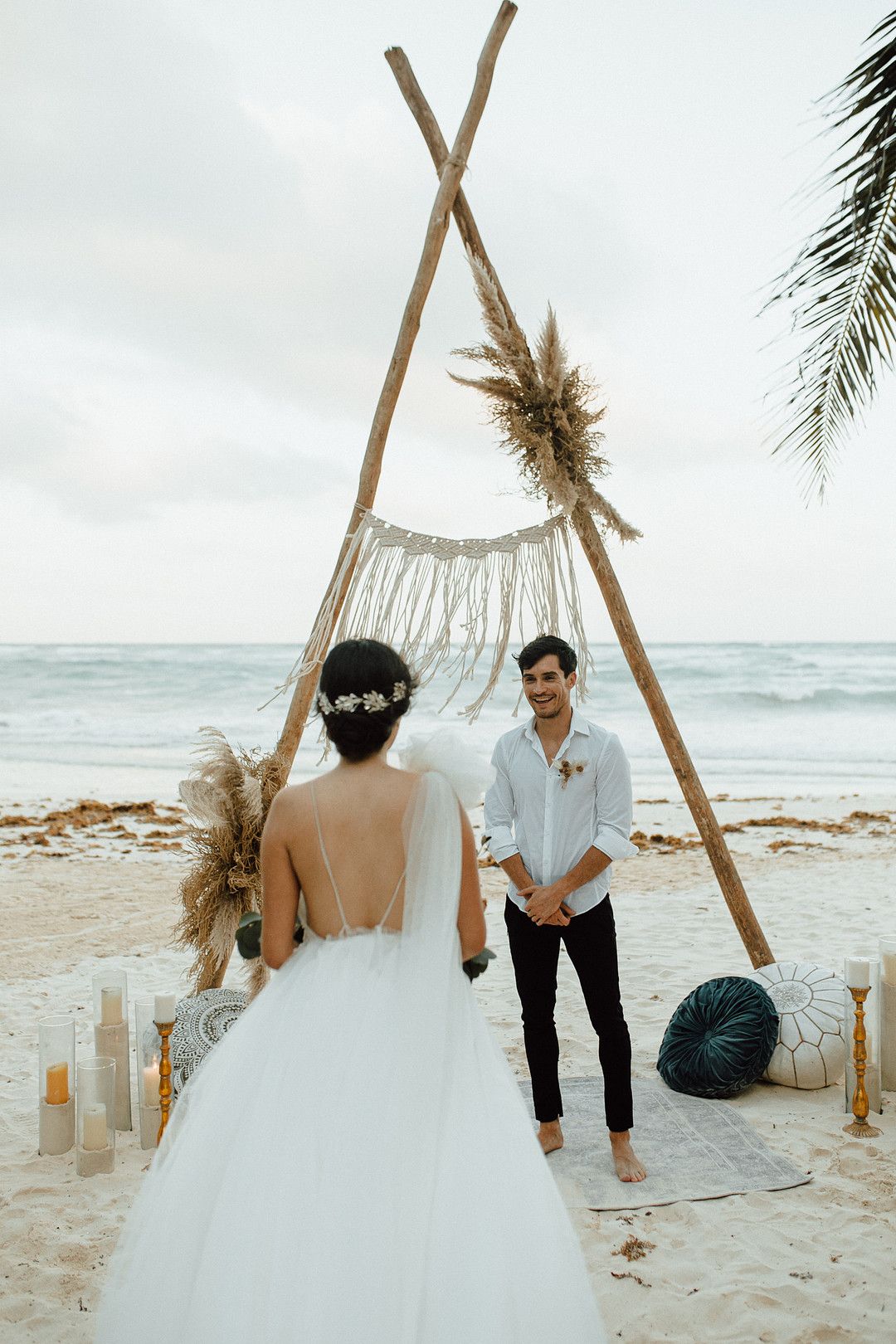 bride walking down the aisle to groom at elopement in tulum