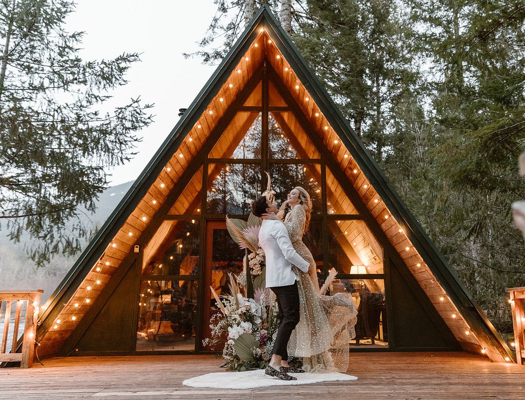bride and groom at intimate cabin elopement 