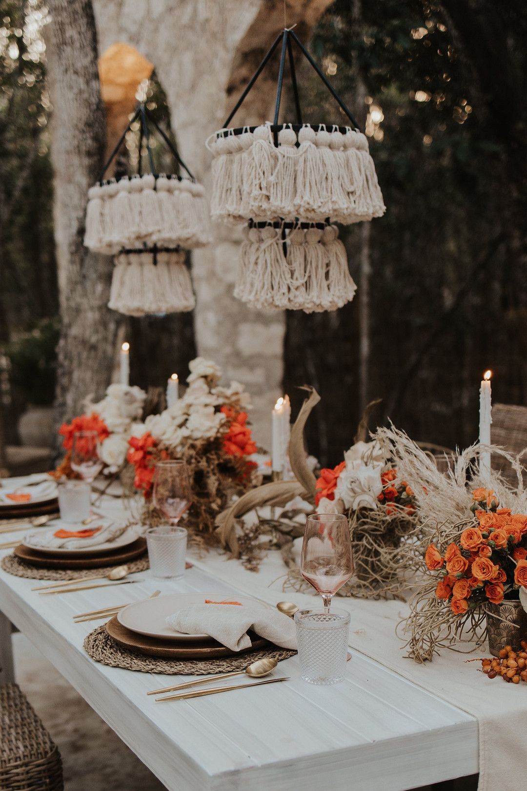 bohemian wedding table decor with chandelier