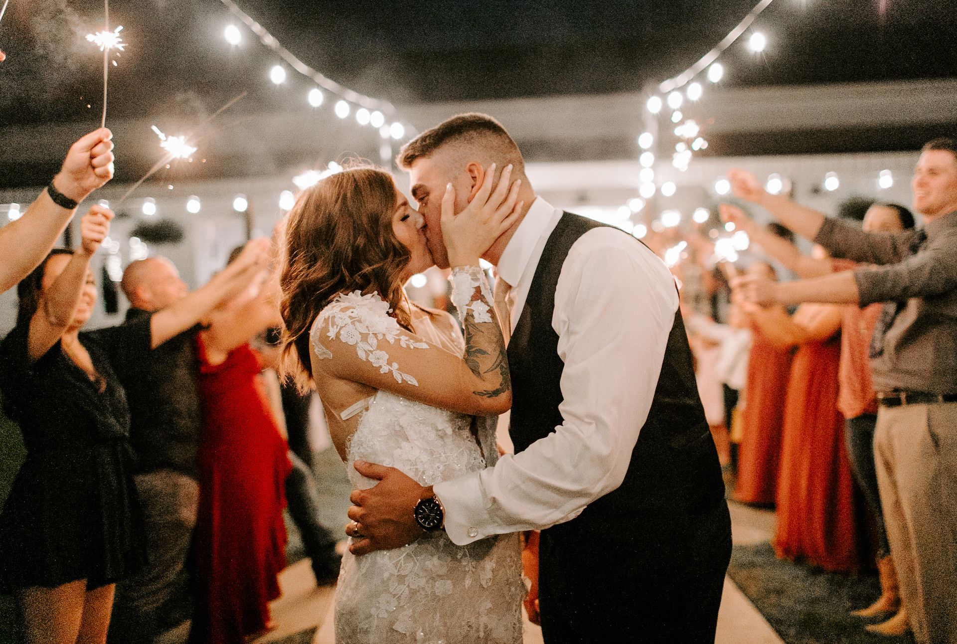 bride and groom kissing at september ranch wedding