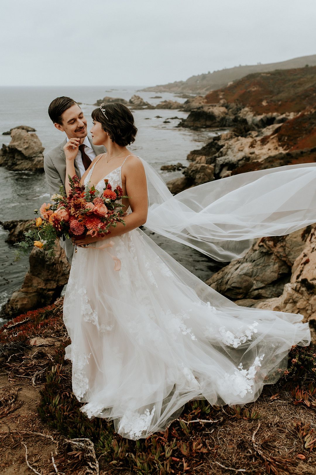 Bride and groom at coastal wedding in Big Sur, California