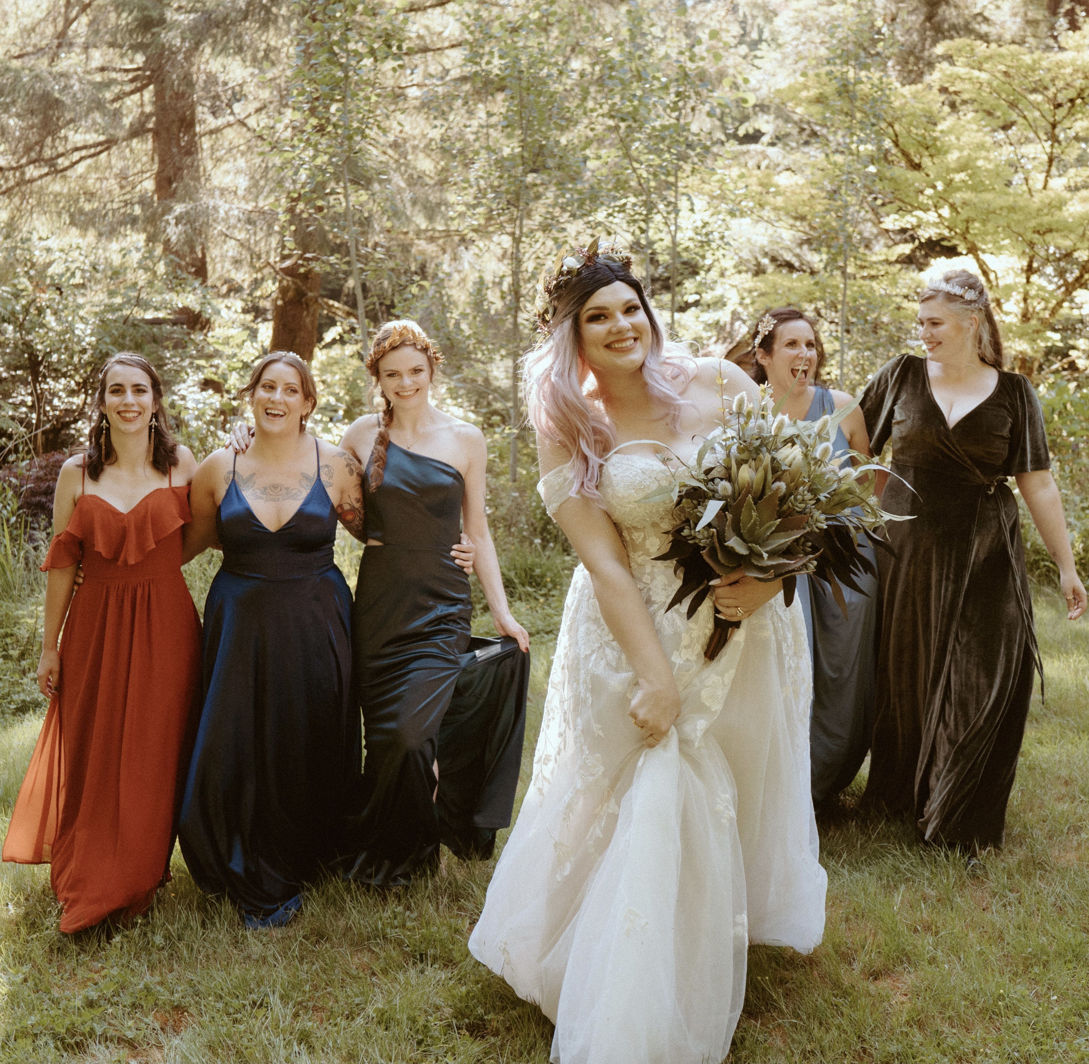 bride and bridesmaids at mount rainier wedding