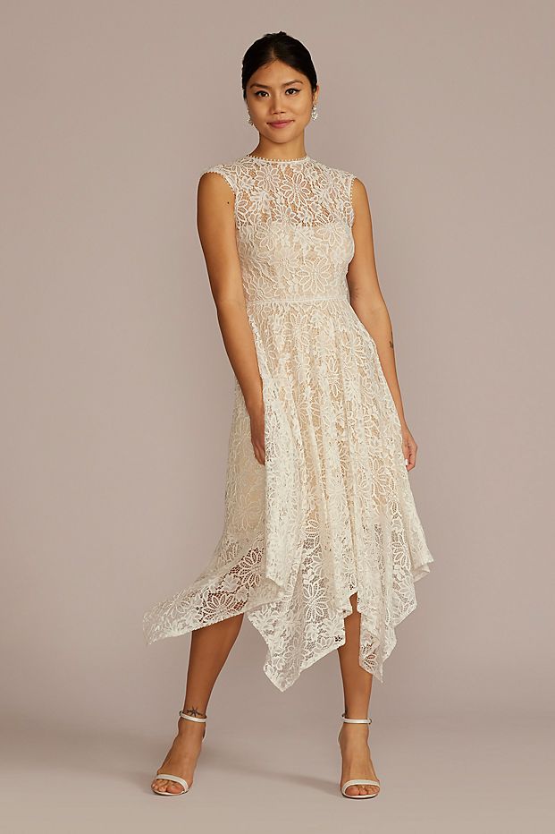 person in mid length floral lace engagement outfit