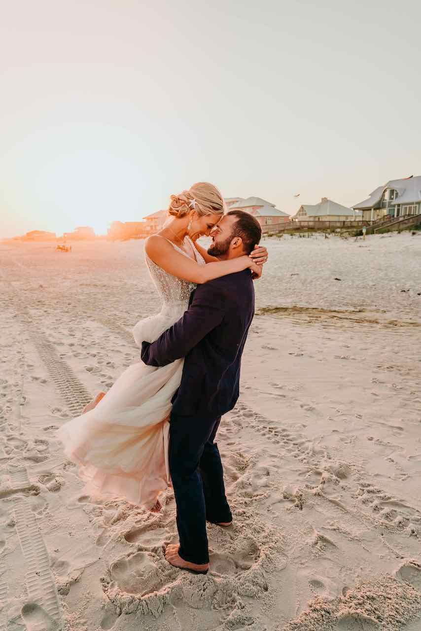 bride and groom at beach wedding in Alabama
