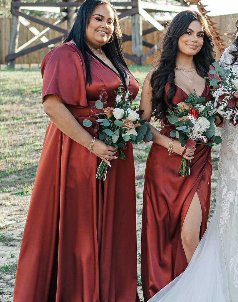 bridesmaids wearing satin floor length dresses