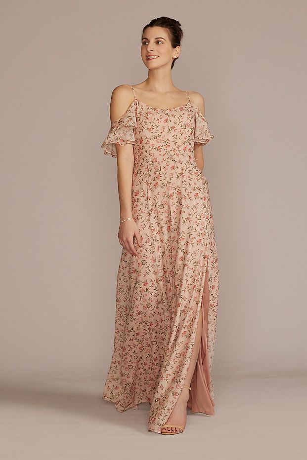 women in floral pink flutter sleeve bridesmaid dress