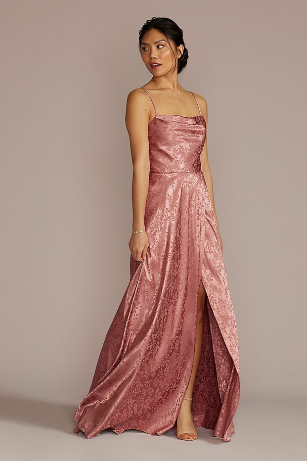 Cowl neck bridesmaid dress with pink floral pattern